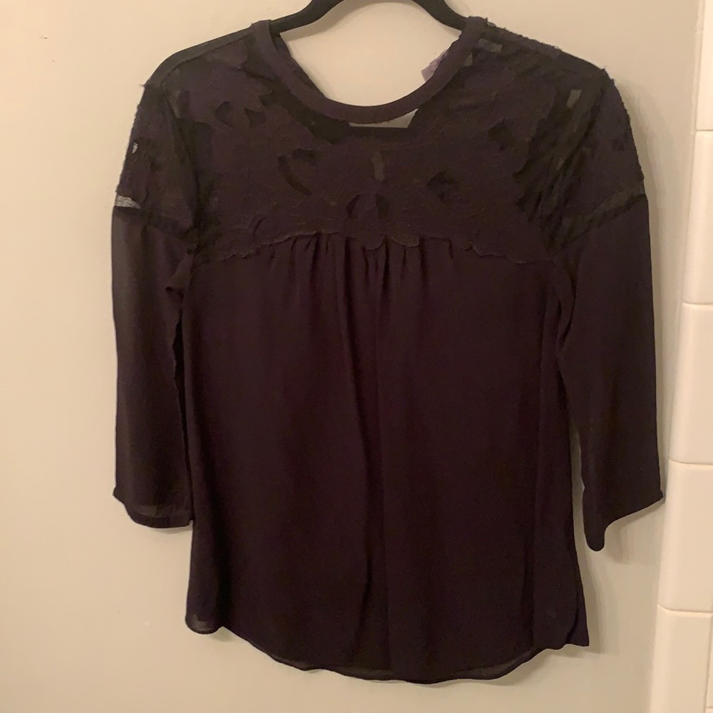 Vanessavirginia Anthropologie black blouse with embroidery/sheer neckline